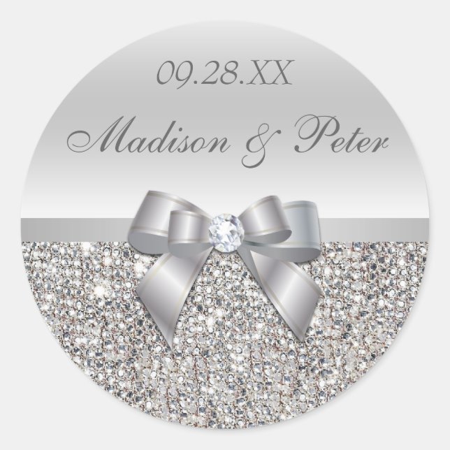 Silver Sequins Bow Wedding Favour Stickers (Front)