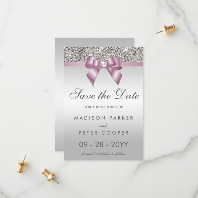 Silver Sequins Burgundy Bow Save The Date (Front/Back In Situ)