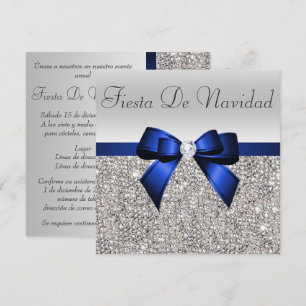 Silver Sequins Christmas Party Blue Diamond Bow Invitation