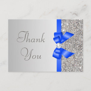 Silver Sequins Diamond Blue Bow Wedding Thank You Card