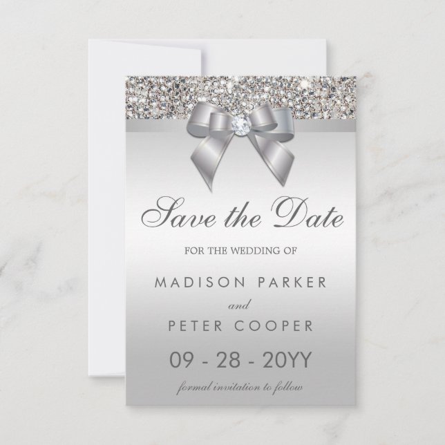Silver Sequins Diamond Bow Save The Date Wedding (Front)