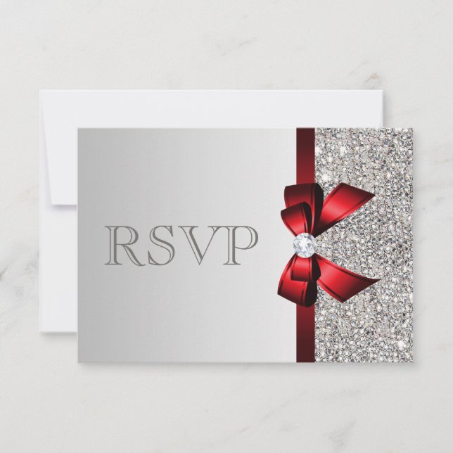 Silver Sequins Diamond Red Bow Wedding RSVP Card (Front)