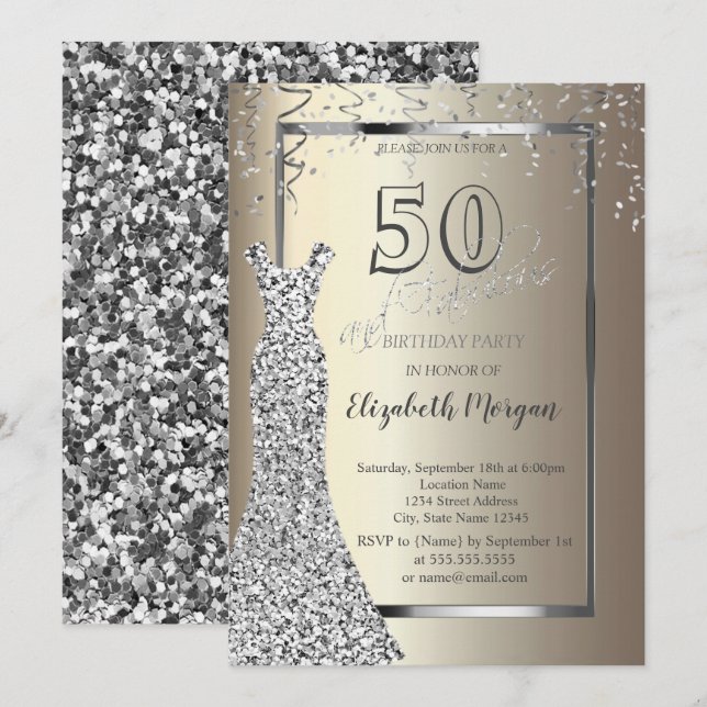 Silver Sequins Dress Gold 50th Birthday Invitation (Front/Back)