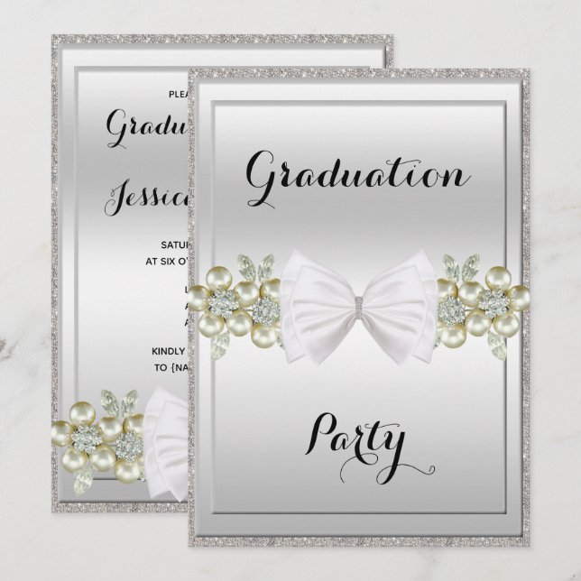 Silver Sequins, Floral Gems & Bow Graduation Invitation (Front/Back)