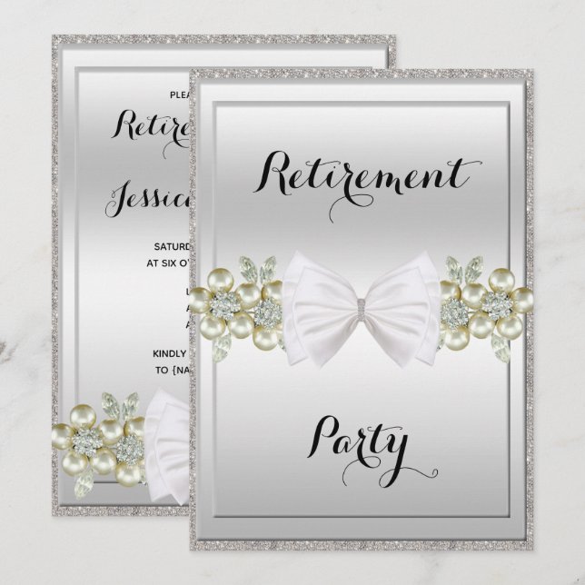 Silver Sequins, Floral Gems & Bow Retirement Invitation (Front/Back)