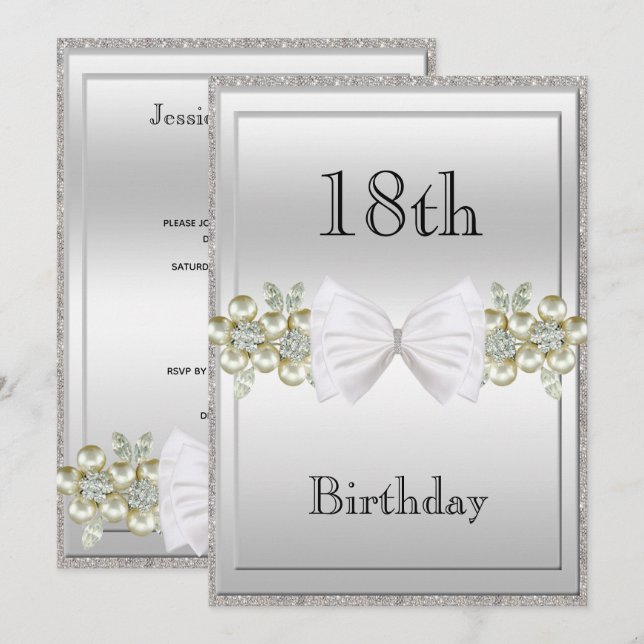 Silver Sequins & Floral Gems Glitter Bow Birthday Invitation (Front/Back)