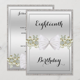 Silver Sequins & Floral Gems Glitter Bow Birthday Invitation