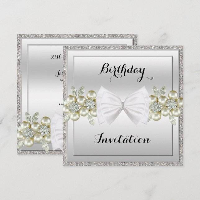 Silver Sequins & Floral Gems Glitter Bow Birthday Invitation (Front/Back)