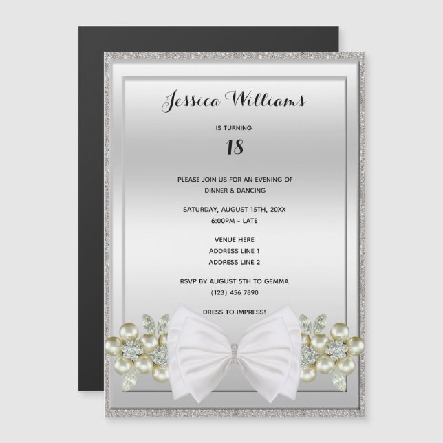 Silver Sequins & Floral Gems Glitter Bow Birthday Magnetic Invitation (Front/Back)
