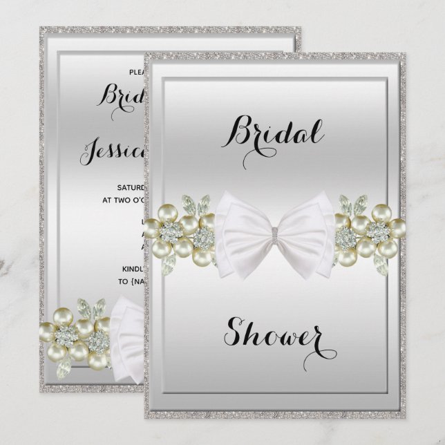 Silver Sequins & Floral Gems Glitter Bow Bridal Invitation (Front/Back)
