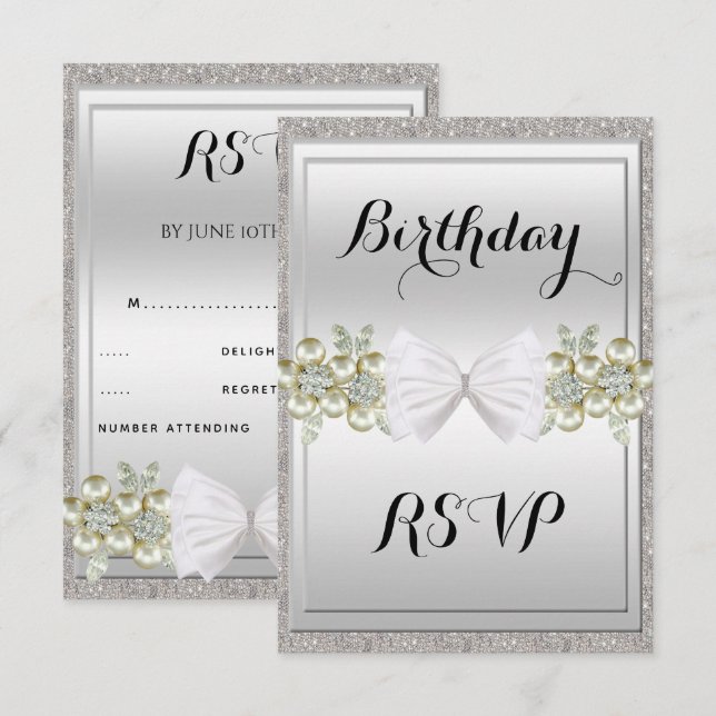 Silver Sequins & Floral Gems Glitter Bow RSVP Invitation (Front/Back)