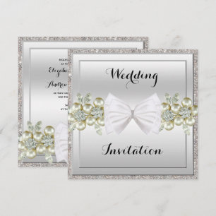 Silver Sequins & Floral Gems Glitter Bow Wedding Invitation