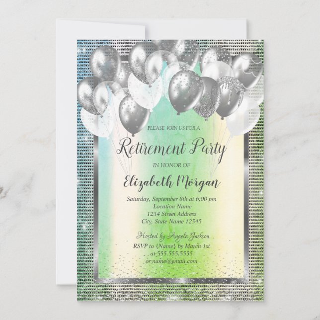 Silver Sequins Frame Balloons  Green Retirement  Invitation (Front)