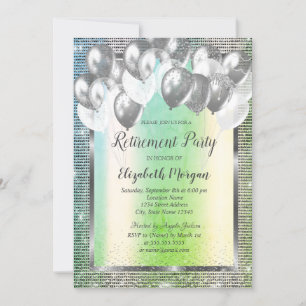 Silver Sequins Frame Balloons Green Retirement Invitation