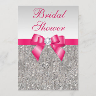 Silver Sequins Hot Pink Bow Bridal Shower Invitation
