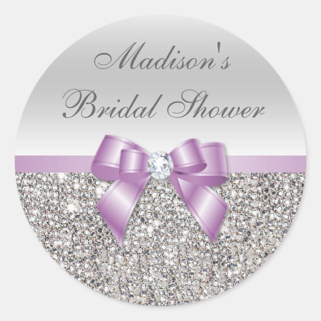 Silver Sequins Lilac Bow Bridal Shower Stickers (Front)