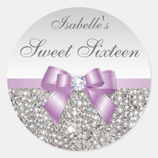 Silver Sequins Lilac Bow Diamond Sweet Sixteen Classic Round Sticker (Front)