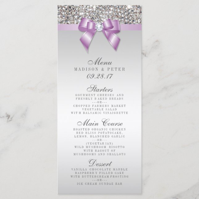 Silver Sequins Lilac Bow Wedding Menu (Front)
