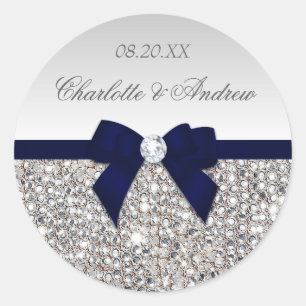 Silver Sequins Navy Bow and Diamond Wedding Classic Round Sticker