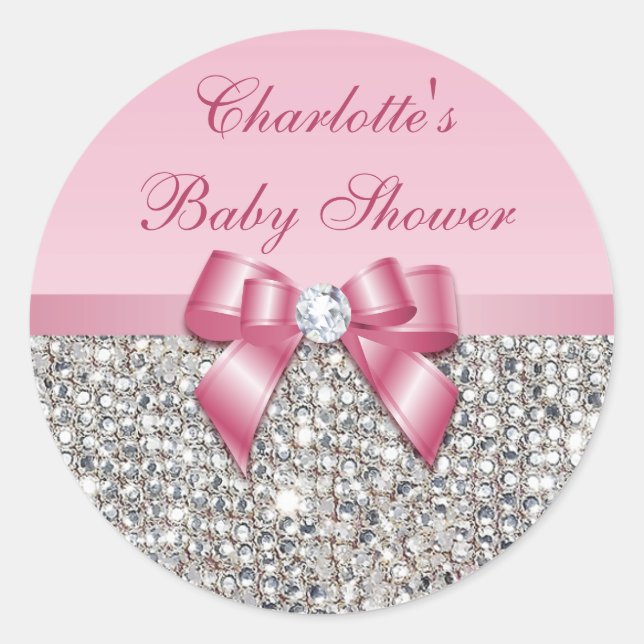 Silver Sequins Pink Bow Diamond Baby Shower Classic Round Sticker (Front)