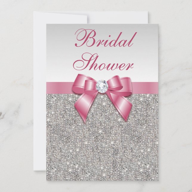 Silver Sequins Pink Bows Diamonds Bridal Shower Invitation (Front)