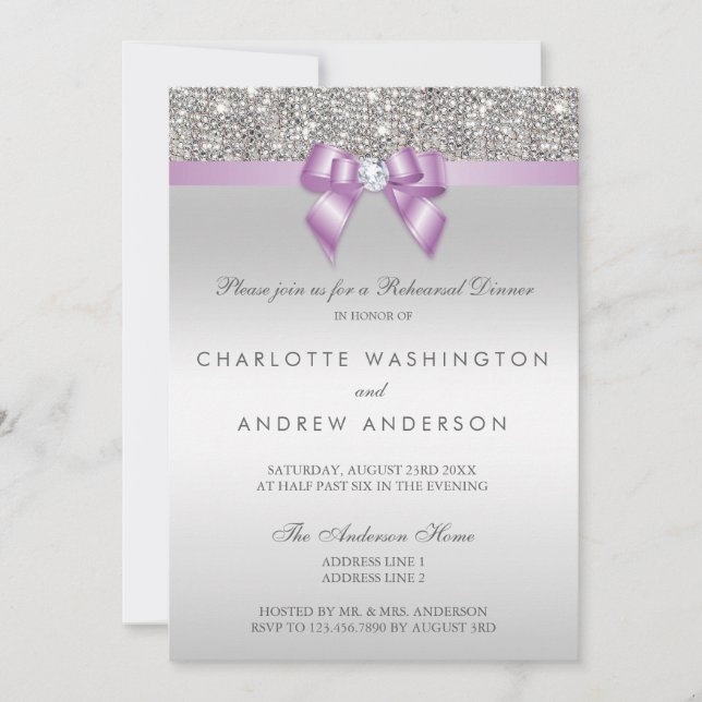 Silver Sequins Plum Bow Wedding Rehearsal Dinner Invitation (Front)