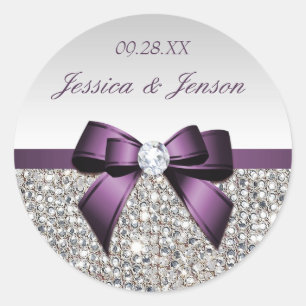 Silver Sequins Purple Bow and Diamond Wedding Classic Round Sticker