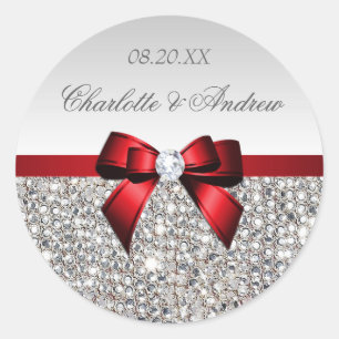 Silver Sequins Red Bow and Diamond Wedding Classic Round Sticker