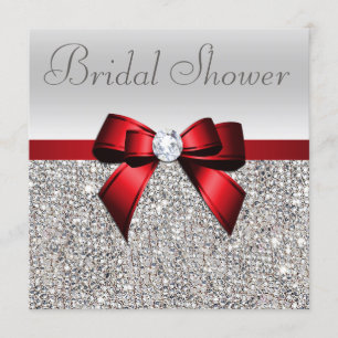 Silver Sequins Red Bow Diamond Bridal Shower Invitation