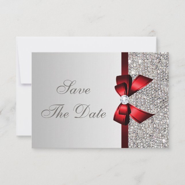 Silver Sequins, Red Bow & Diamond Save the Date (Front)