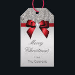 Silver Sequins Red Diamond Bow Christmas Gift Tags<br><div class="desc">Elegant, personalised custom silver and red Christmas gift tags with a beautiful glittery silver printed image sequins jewels, gems, glitter pattern, cute, sophisticated shiny printed red bows and ribbons and pretty digital diamonds bling jewels and dark grey text on a silver gradient background. Please note: These are flat printed graphics...</div>