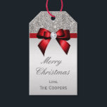 Silver Sequins Red Diamond Bow Christmas Gift Tags<br><div class="desc">Elegant, personalised custom silver and red Christmas gift tags with a beautiful glittery silver printed image sequins jewels, gems, glitter pattern, cute, sophisticated shiny printed red bows and ribbons and pretty digital diamonds bling jewels and dark grey text on a silver gradient background. Please note: These are flat printed graphics...</div>