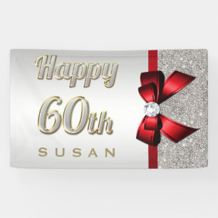 Silver Sequins Red Faux Bow 60th Birthday Banner