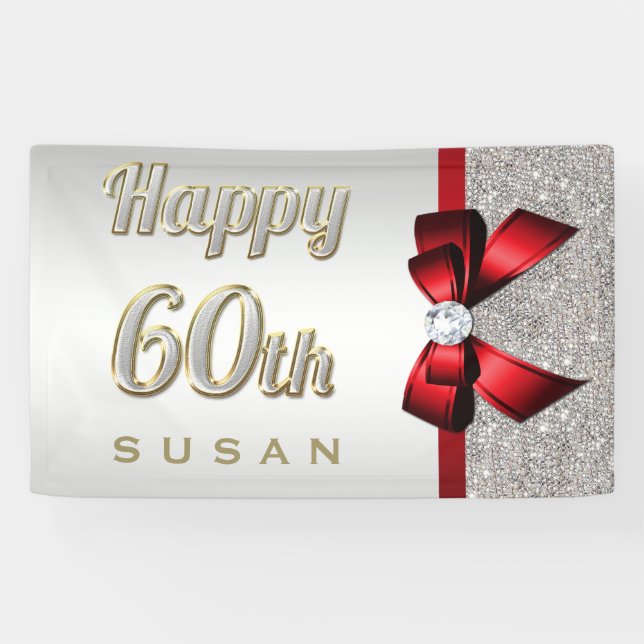 Silver Sequins Red Faux Bow 60th Birthday Banner (Horizontal)