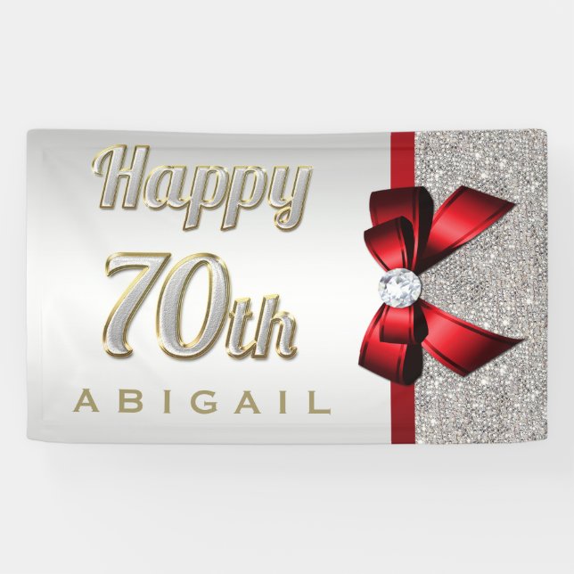 Silver Sequins Red Faux Bow 70th Birthday Banner (Horizontal)