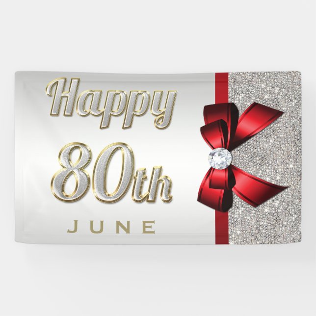 Silver Sequins Red Faux Bow 80th Birthday Banner (Horizontal)