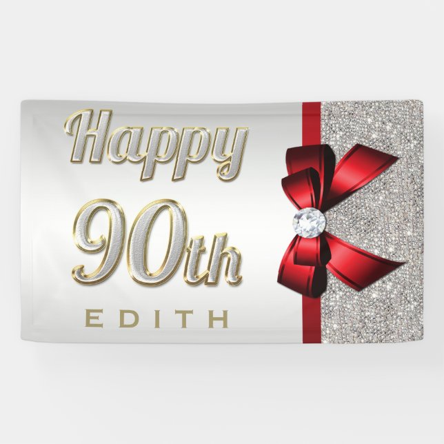 Silver Sequins Red Faux Bow 90th Birthday Banner (Horizontal)