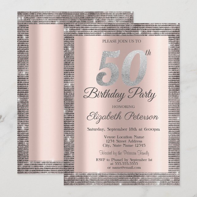 Silver Sequins Rose Gold 50th Birthday Party Invitation (Front/Back)