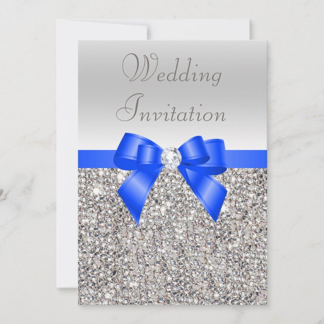 Silver Sequins Royal Blue Bow and Diamond Wedding Invitation (Front)