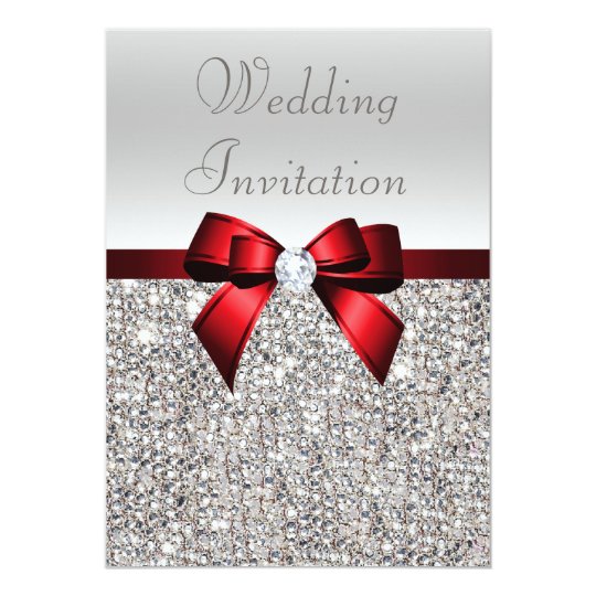 Silver Sequins Royal Red Bow and Diamond Wedding Card