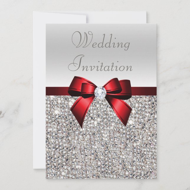 Silver Sequins Royal Red Bow and Diamond Wedding Invitation (Front)