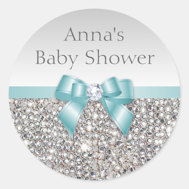 Silver Sequins Teal Bow Diamond Baby Shower Classic Round Sticker (Front)