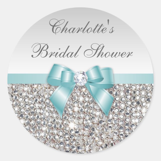Silver Sequins Teal Bow Diamond Bridal Shower Classic Round Sticker (Front)