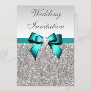 Silver Sequins Vibrant Teal Diamond Bow Wedding Invitation