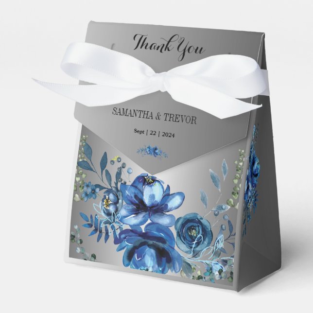 Silver Serenity: Blue Floral Bliss Favour Box (Front Side)