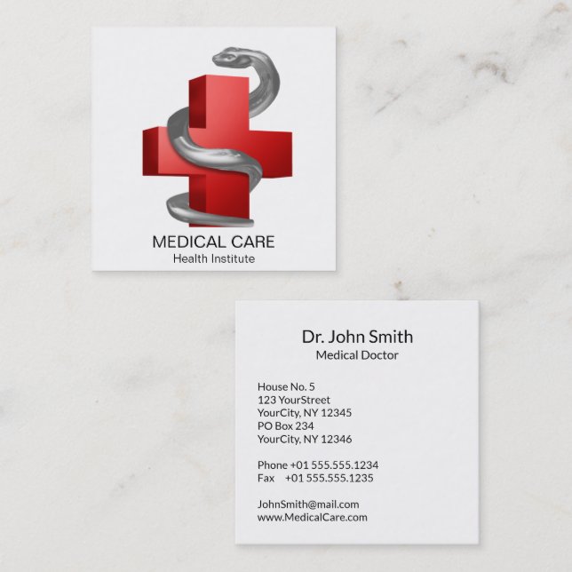 Silver Serpent Snake Red Medical Cross Symbol Square Business Card (Front/Back)