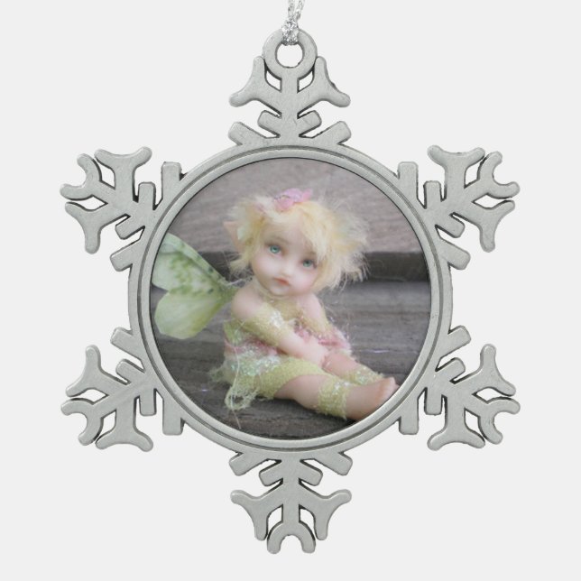 Silver Shabby Fairy Snowflake Pewter Christmas Ornament (Front)