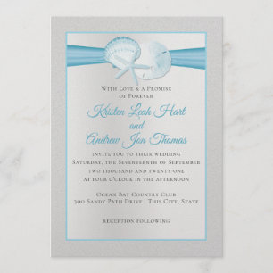 Silver Shells Tropical Blue Beach Wedding Invitation