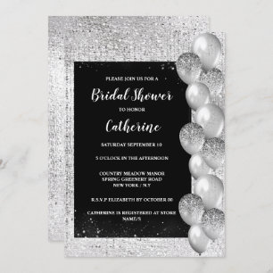 Silver shimmer balloon on black luxurious elegant  invitation