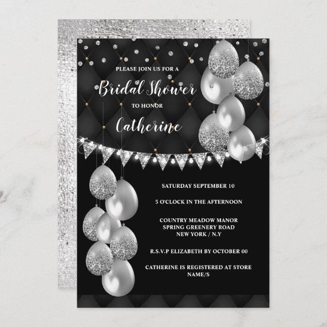 Silver shimmer balloon on black string lights chic invitation (Front/Back)